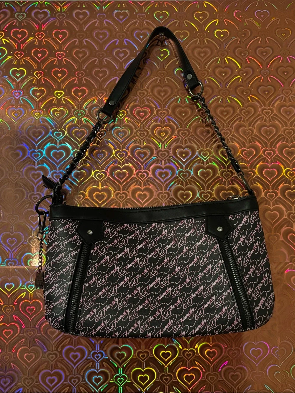 Ed Hardy Pink and Black Flame Skull Shoulder Bag